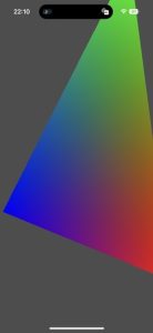 Screenshot of the KDGpu Hello Triangle example running in the iOS simulator. It's displaying a slightly cut off multi-color triangle on a gray background.